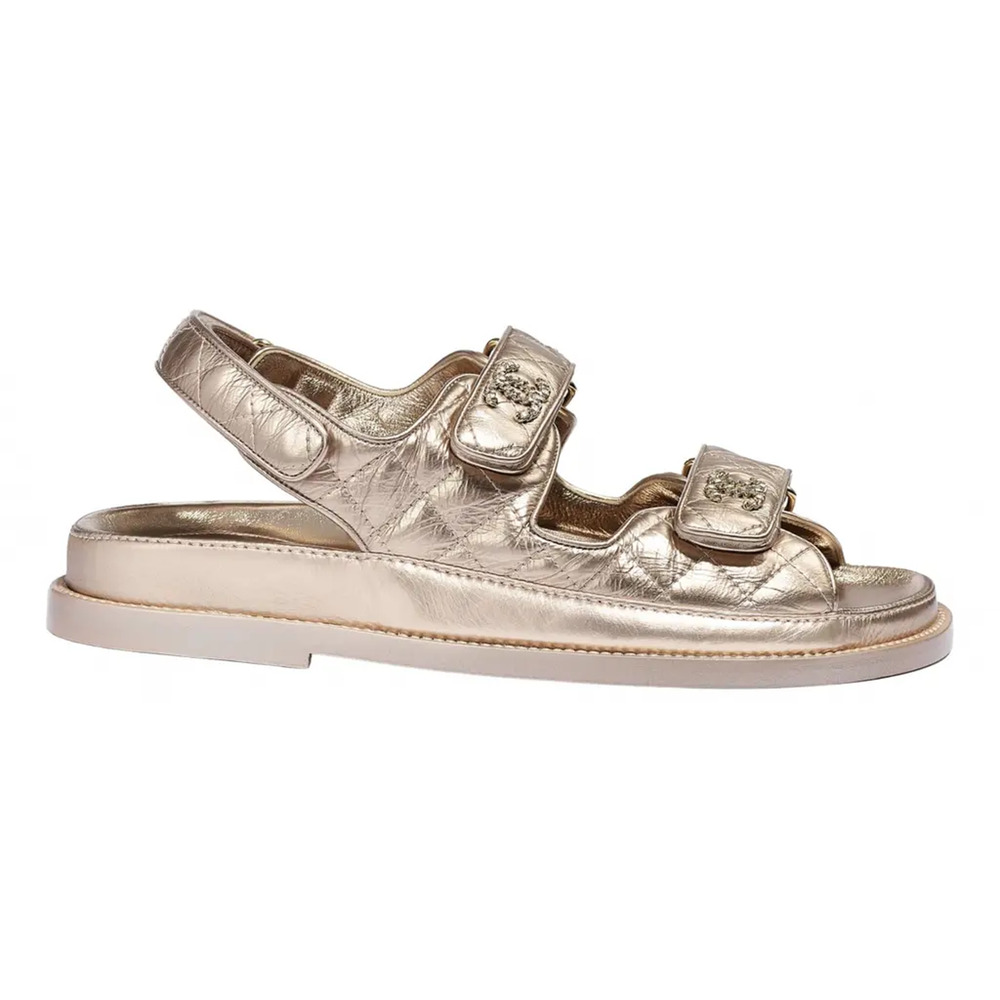 Chanel 21C Bronze Quilted Chain CC Logo Mule Slide Strap Flat Teva Dad Sandal 37 - Picture 1 of 12